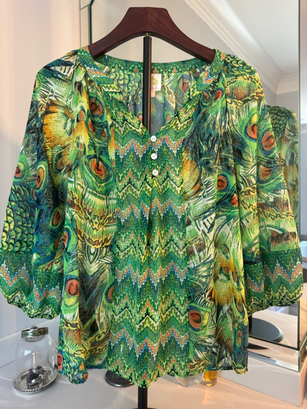 fig and flower Green Peacock-Print Women's Blouse US- PM